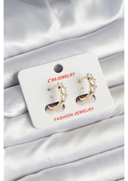 Bfs Pirinç Gold Renk Kalpli Zirkon Taşlı Kadın Küpe