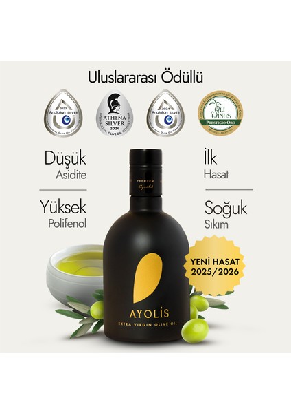 Premium Gurme Ayvalık Zeytinyağı 500 Ml Ödüllü Yüksek Polifenollü Erken Hasat Soğuk Sıkım Natürel Sızma Zeytinyağı