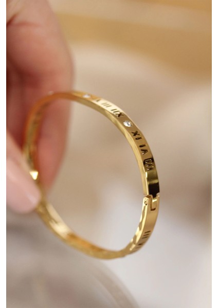 Bfs 316L Çelik Roma Rakamlı Gold Renk Bilezik Kelepçe fiyatları