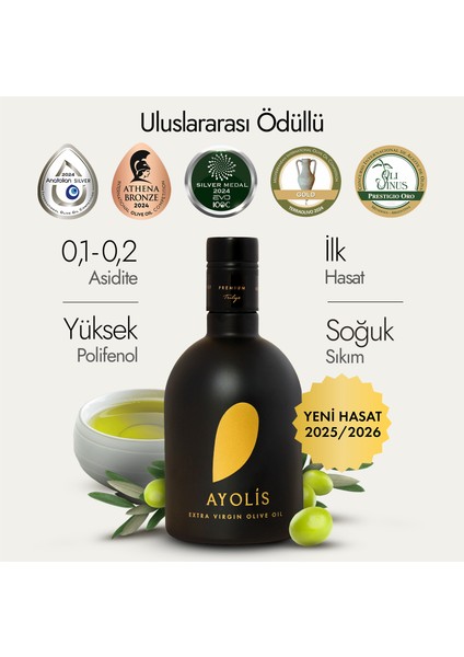 Premium Gurme Zeytinyağı 500 Ml Trilye Ödüllü Yüksek Polifenollü Erken Hasat Soğuk Sıkım Natürel Sızma