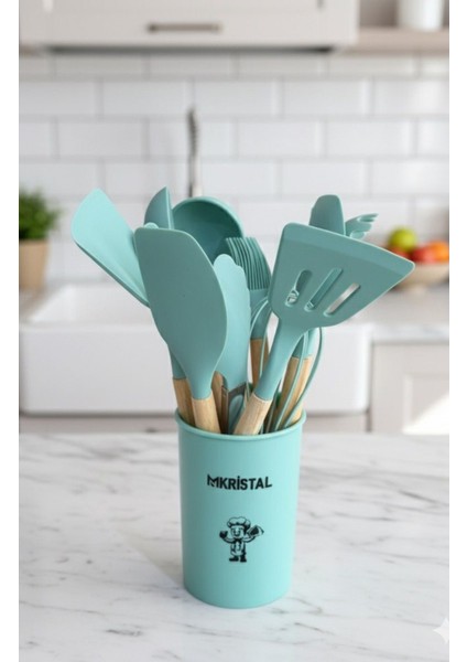 12 Parça Spatula Seti Bambu Saplı Silikon Isıya Dayanıklı Yanmaz Yapışmaz