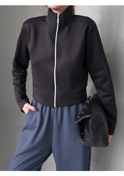 Siyah Scuba Fermuarlı Ceket modelleri