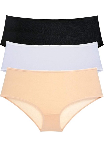 3 Adet Kadın Yüksek Bel Bato Külot Siyah Beyaz Ten