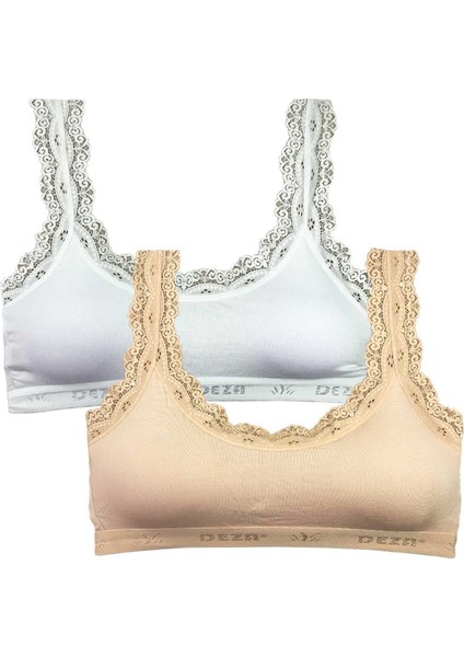 2 Adet Dantel Nakış Işlemeli Pedli Bambu Kadın Büstiyer Beyaz Ten