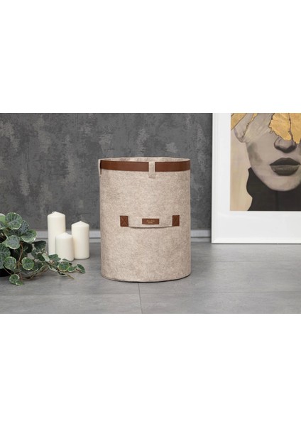 Deri Şeritli Yuvarlak Çok Amaçlı Düzenleyici Organizer Kutu Keçe Sepet (Mega) 03877 ( Lisinya )