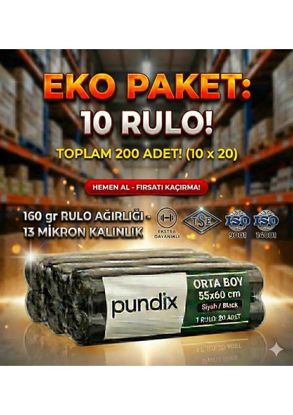 Orta Boy Siyah Çöp Poşeti 55X60 cm - 10'lu Süper Eko Paket (200 Adet) - 13 Mikron Sızdırmaz