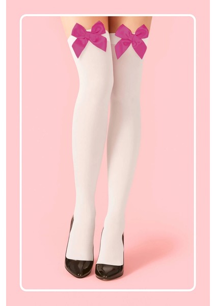 Fuşya Fiyonklu Beyaz Jartiyer Çorabı TM1379