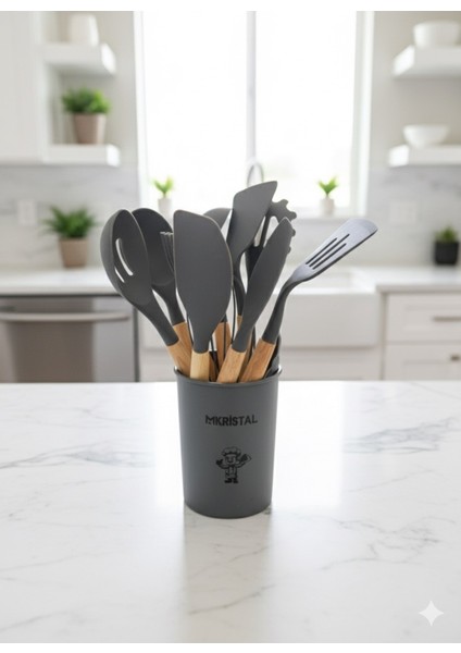 12 Parça Spatula Seti Bambu Saplı Silikon Isıya Dayanıklı Yanmaz Yapışmaz