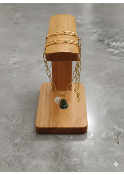 Pearl Pine Bracelet – El Yapımı Inci & Çam Ağacı Figürlü Altın Zincir Bileklik | Polimer Kil fırsatları