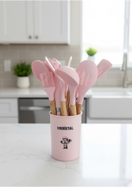 12 Parça Spatula Seti Bambu Saplı Silikon Isıya Dayanıklı Yanmaz Yapışmaz