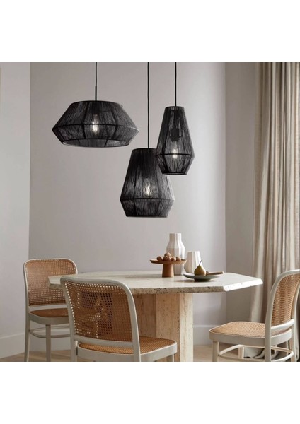 Siyah 3'lü Bohem Avize, El Yapımı Hasır Avize, Metal Iskelet, E27 Duylu, Rustik Tasarım