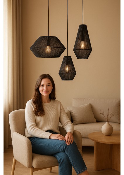 Siyah 3'lü Bohem Avize, El Yapımı Hasır Avize, Metal Iskelet, E27 Duylu, Rustik Tasarım fiyatları