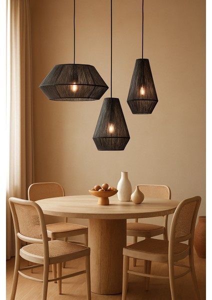 Siyah 3'lü Bohem Avize, El Yapımı Hasır Avize, Metal Iskelet, E27 Duylu, Rustik Tasarım modelleri