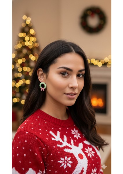 Pastel Wreath – El Yapımı Yeşil Çelenk & Pembe Fiyonk Yılbaşı Küpe | Polimer Kil | 5 cm modelleri