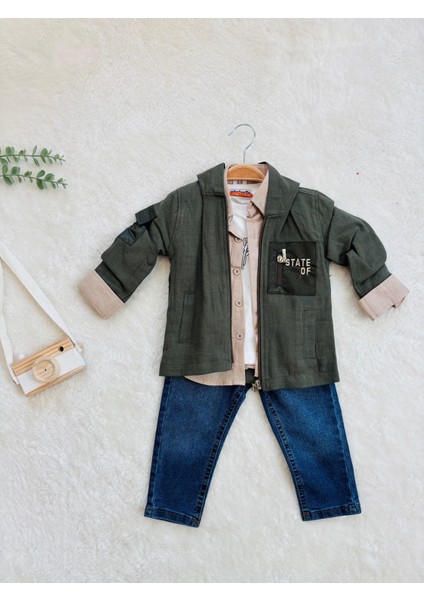 Erkek Çocuk Cep Detaylı Haki Ceketli 4’lü Kombin Takım