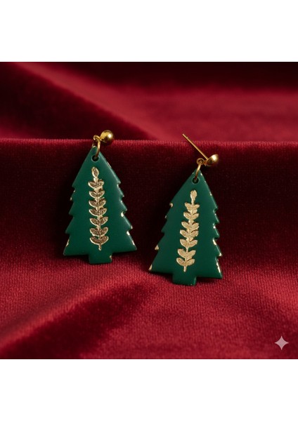 Forest Luxe – El Yapımı Yeşil Gold Detaylı Çam Ağacı Küpe | Polimer Kil | 5 cm