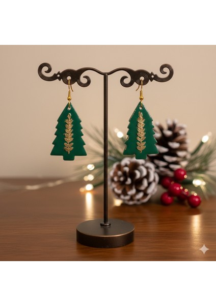 Forest Luxe – El Yapımı Yeşil Gold Detaylı Çam Ağacı Küpe | Polimer Kil | 5 cm modelleri
