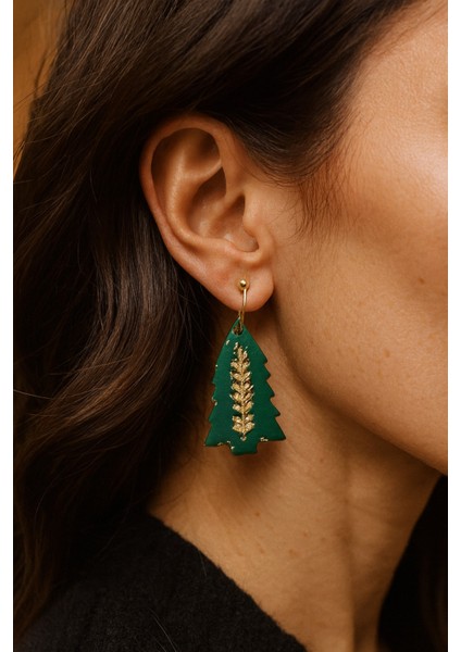 Forest Luxe – El Yapımı Yeşil Gold Detaylı Çam Ağacı Küpe | Polimer Kil | 5 cm fırsatları