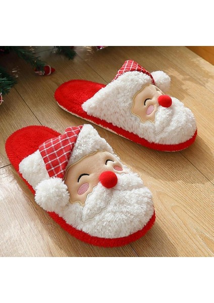 Kadın Yılbaşı Özel Tasarım Sessiz Yumuşak Taban Kışlık Ev Terliği Noel Baba Figürlü Pofuduk Terlik