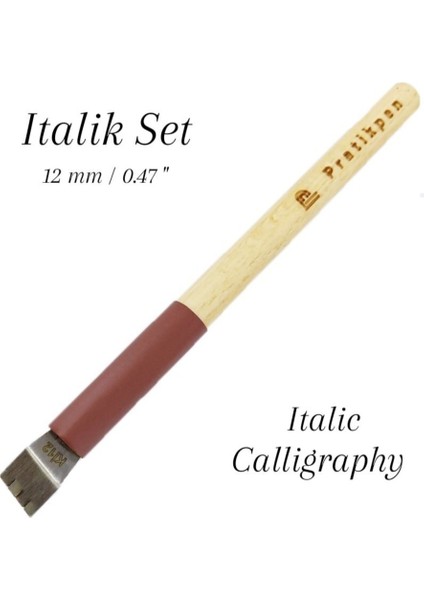 Pratikpen Italik Kaligrafi Kalemi, Yan Kesik, Kalem Sapı Kayın Ağacı 12.0mm