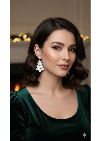 Snowy Pine – El Yapımı Beyaz Yılbaşı Çam Ağacı Küpe | Polimer Kil | 5 cm