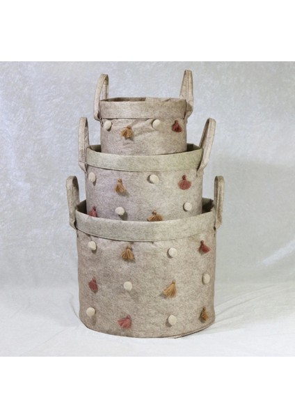 Katlanabilir Çok Amaçlı Ponponlu Yuvarlak Düzenleyici Saklama Kutusu Organizer Keçe Set ( Lisinya )