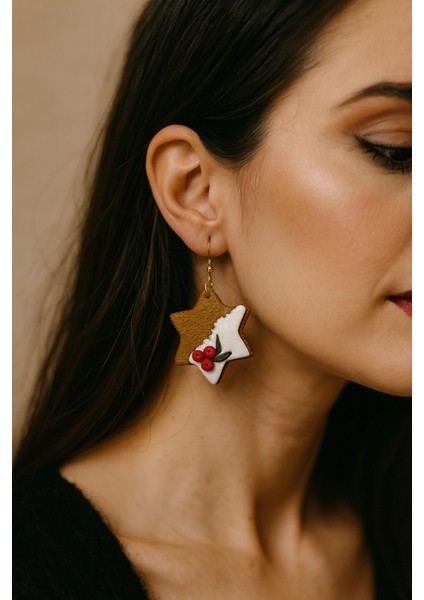 Ginger Noël Star Yılbaşı Temalı Yıldız Küpe – Polimer Kil, El Yapımı, 6 cm