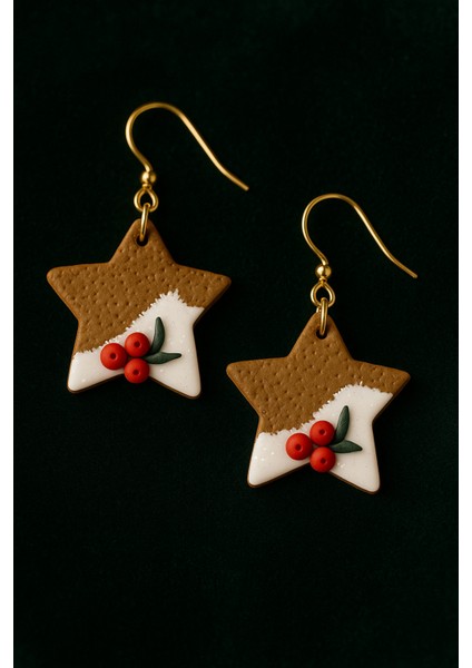 Ginger Noël Star Yılbaşı Temalı Yıldız Küpe – Polimer Kil, El Yapımı, 6 cm fiyatları