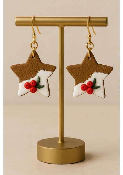 Ginger Noël Star Yılbaşı Temalı Yıldız Küpe – Polimer Kil, El Yapımı, 6 cm modelleri