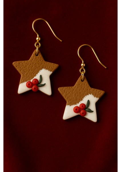 Ginger Noël Star Yılbaşı Temalı Yıldız Küpe – Polimer Kil, El Yapımı, 6 cm fırsatları