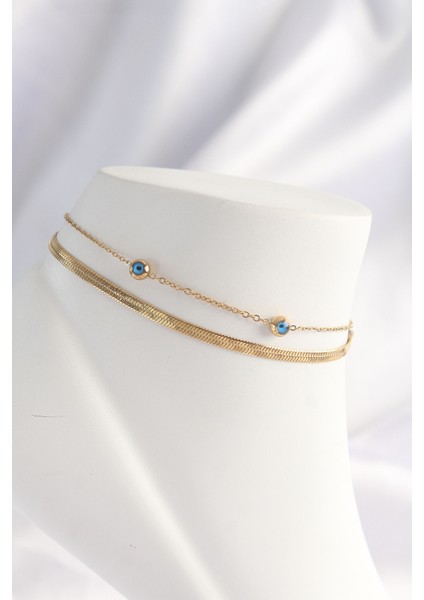 316L Çelik Gold Renk Nazar Boncuk Tasarımlı 2li Halhal - Lisinya