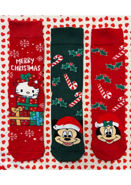 Al Bi 90Lık Çok Renkli Unisex Noel - Christmas - Yılbaşı Temalı 3'lü Çorap Seti Mickey mouse Mini Mouse Bugs Bunny