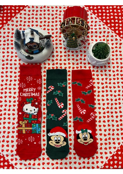 Al Bi 90Lık Çok Renkli Unisex Noel - Christmas - Yılbaşı Temalı 3'lü Çorap Seti Mickey mouse Mini Mouse Bugs Bunny fiyatları