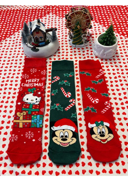 Al Bi 90Lık Çok Renkli Unisex Noel - Christmas - Yılbaşı Temalı 3'lü Çorap Seti Mickey mouse Mini Mouse Bugs Bunny modelleri