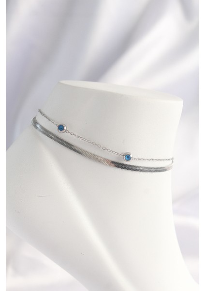 316L Çelik Gümüş Renk Nazar Boncuk Tasarımlı 2li Halhal - Lisinya