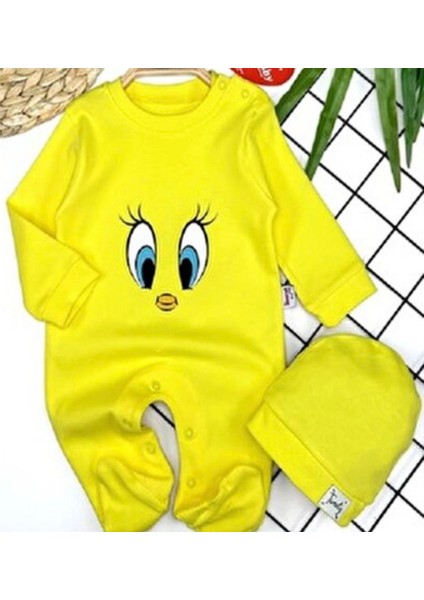 Kız Erkek Bebek Yeni Doğan Unısex Kuş Gözü Baskılı Şapkalı Pamuklu Tulum Takım