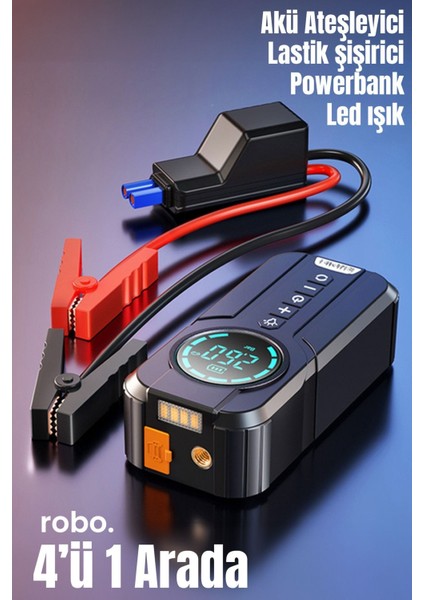 Çok Fonksiyonlu Şarjlı Akü ve Lastik Şişirici, Powerbank ve LED Işık