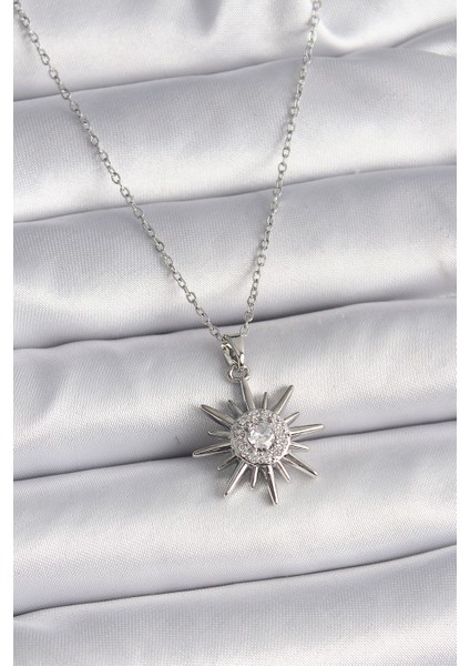 316L Çelik Gümüş Renk Zincir Zirkon Taşlı Güneş Model Kadın Yüzük - Lisinya