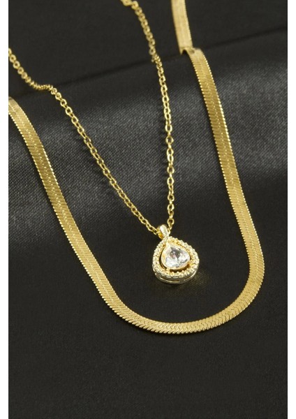 Damla Zirkon Taşlı Ikili Çelik Kolye