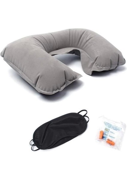 Üçlü Seyahat Seti Şişme Yastık Göz Bandı Kulak Tıkacı ( Lisinya )