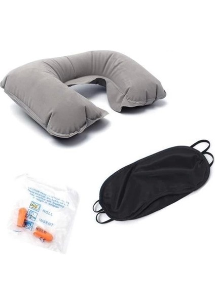 Üçlü Seyahat Seti Şişme Yastık Göz Bandı Kulak Tıkacı ( Lisinya )