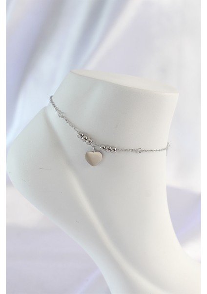 316L Çelik Gümüş Renk Zirkon Taş Detay Kalpli Halhal - Lisinya