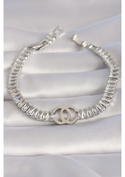 Pirinç Gümüş Renk Zirkon Taşlı Su Yolu Model Vıp Seri Kadın Bileklik - Lisinya