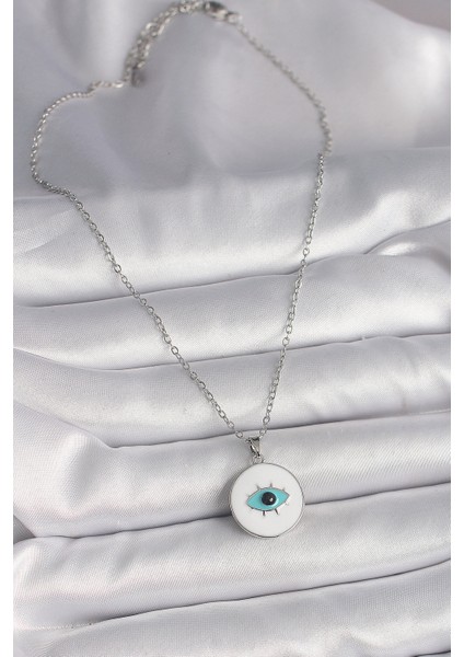 316L Çelik Gümüş Renk Zincir Beyaz Mineli Turkuaz Göz Işleme Model Kadın Kolye - Lisinya fiyatları