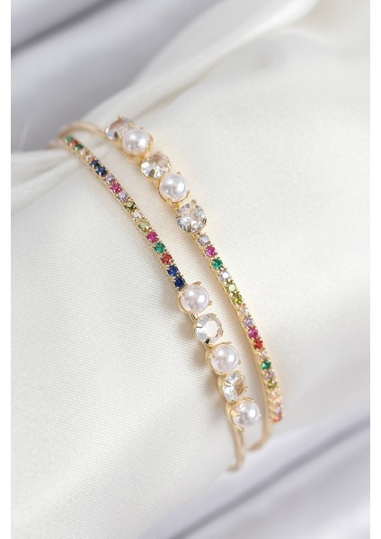 Pirinç Zirkon Taşlı Inci Model Gold Renk Kadın Bileklik - Lisinya