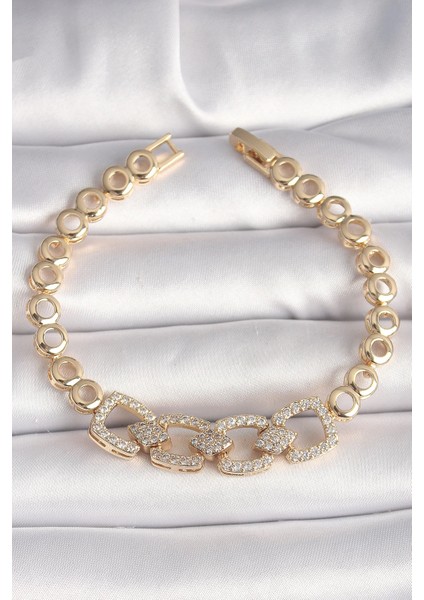 Bfs Pirinç Gold Renk Zirkon Taşlı Daire Zincir Model Kadın Bileklik