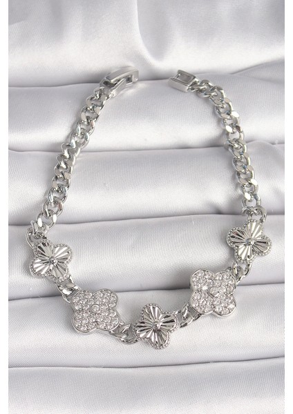 Bfs Pirinç Gümüş Renk Zincir Yonca Model Kadın Bileklik