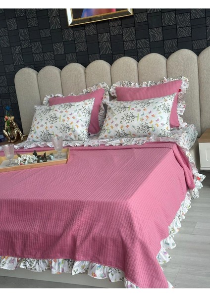 Çift Kişilik Fırfırlı Pike Takımı Kiraz Çiçeği Desenli 6 Parça Pike Seti | Pembe |