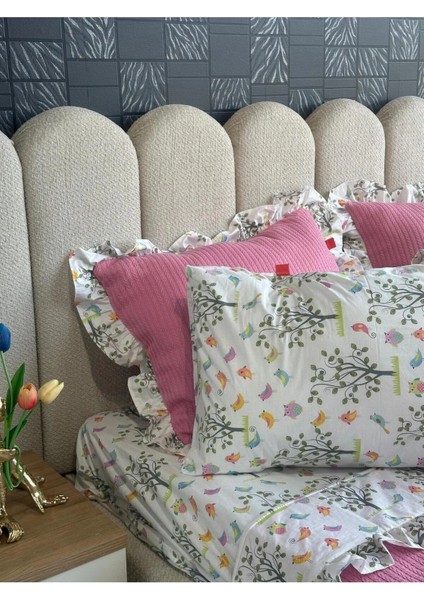 Çift Kişilik Fırfırlı Pike Takımı Kiraz Çiçeği Desenli 6 Parça Pike Seti | Pembe | fiyatları