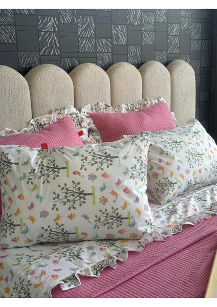 Çift Kişilik Fırfırlı Pike Takımı Kiraz Çiçeği Desenli 6 Parça Pike Seti | Pembe | modelleri
